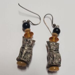 Beaded Silver Tone Cat Earrings With Sterling Silver Hooks